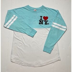 LE Womens T-Shirt Size M Blue White Long Sleeve Spell Out I Love New York
